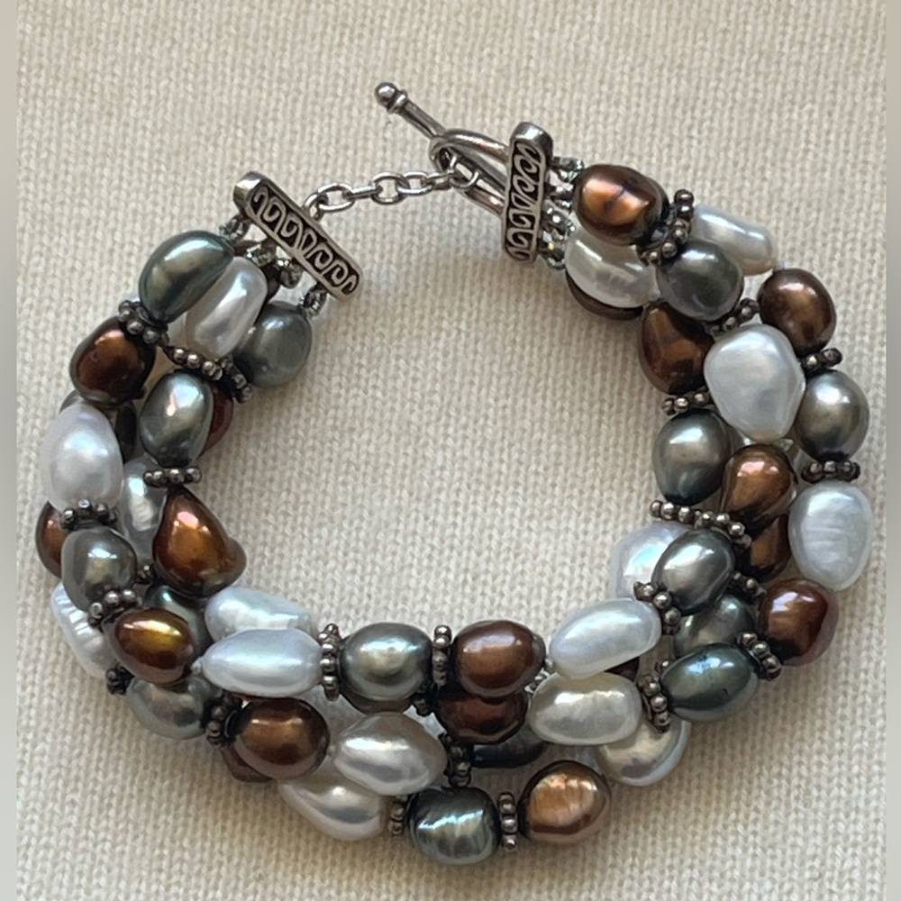 Signed BJ 925 Sterling Silver Cultured Multi Colored Pearl 4 Row Toggle Bracelet